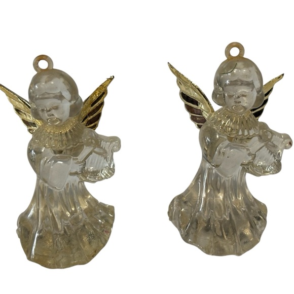 Vtg Xmas Ornament 2 Clear Angels Gold Wings - Picture 1 of 5